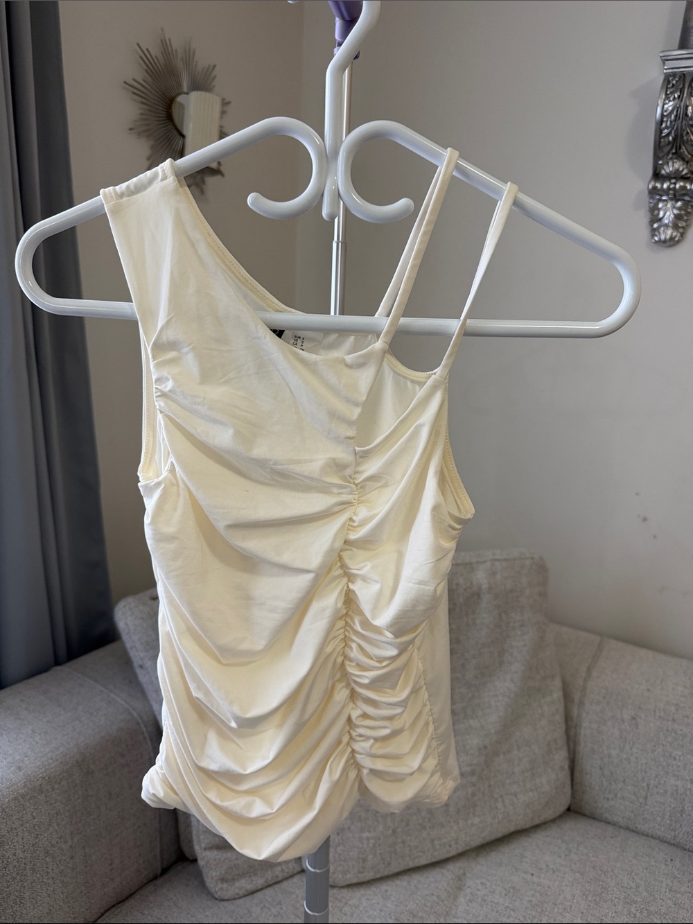 H&M Cream Asymmetric Ruched One-Shoulder Tank